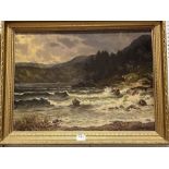 An oil on canvas painting of a turbulent shoreline with a mountainous back drop signed E Bachmann '