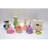 A quantity of ceramic figures, including five ladies by Royal Doulton and Coalport, a character