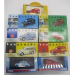 A collection of boxed die cast Morris Minor cars and vans including Vanguard, Corgi, Castlehouse