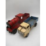 Two vintage Tri-ang metal vehicles including a Transport Truck (Length 38cm) & LMS Locomotive (