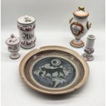 A collection of china including studio pottery charger with panther motif signed to back "Samye
