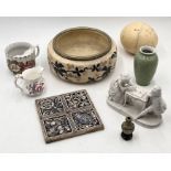 An assortment of china etc including Royal Crown Derby jug, ostrich egg, antique tile etc.