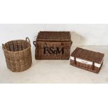 Three wicker baskets including log basket and Fortnum & Mason hamper A/F