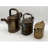 Three vintage brass watering cans - smallest is missing a handle