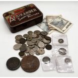 A collection of various coinage, banknotes etc including George III cartwheel 2d, Queen Victoria