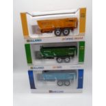 A collection of three boxed Rolland Rollspeed R-Series 6835 farming two axel trailers (all 1:32