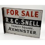 A vintage double-sided enamel estate agent's "For Sale" sign marked for R&C Snell, Trinity Square,