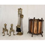 A copper coal bucket, brass companion set and art nouveau claw and ball fire dogs