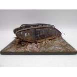 A diorama of a WWI tank in no man's land (Emhar No. 4002 MKIV ' Female ' WWI Heavy Battle Tank)