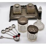 A silver plated inkwell, two silver topped dressing table pots, silver coffee spoon etc.