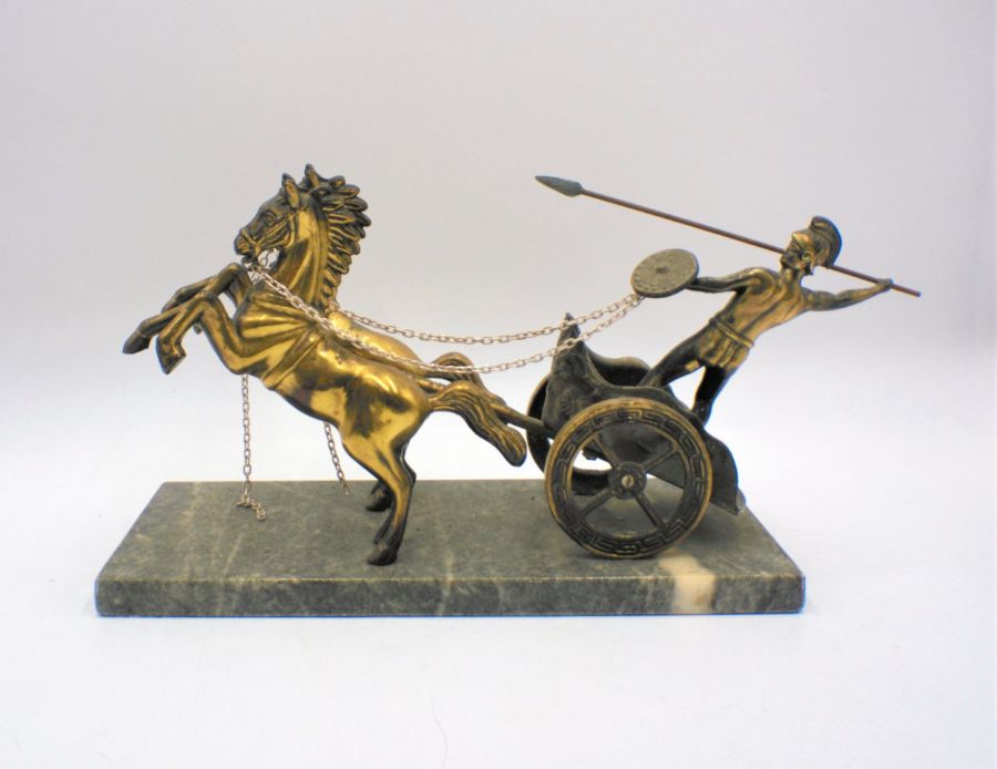A brass figure of a Roman chariot, on marble base, A/F. - Image 2 of 3