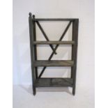 A set of rustic pine freestanding shelves with chamfered supports, A/F, length 153cm, height 81cm.