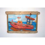 A mixed media picture of a boat entitled 'Fearless Flotsam' by Nicki and Rob Parkyn, 103cm x 67cm.