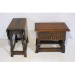 An oak drop-leaf coffee table with swivel top, along with an oak sewing box.