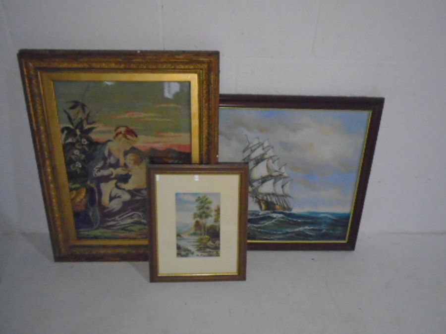 A gilt framed tapestry, watercolour with BJH monogram and a modern oil painting of a three masted