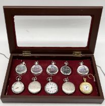 A collection of 10 modern pocket watches in display case