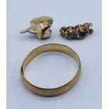 A small collection of scrap gold etc. including a 9ct gold wedding band, gallery from a ring with