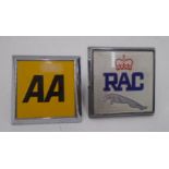 A Jaguar motif RAC car grille badge along with an AA badge of a similar vintage.