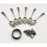 A set of six hallmarked silver coffee spoons, serviette ring etc.