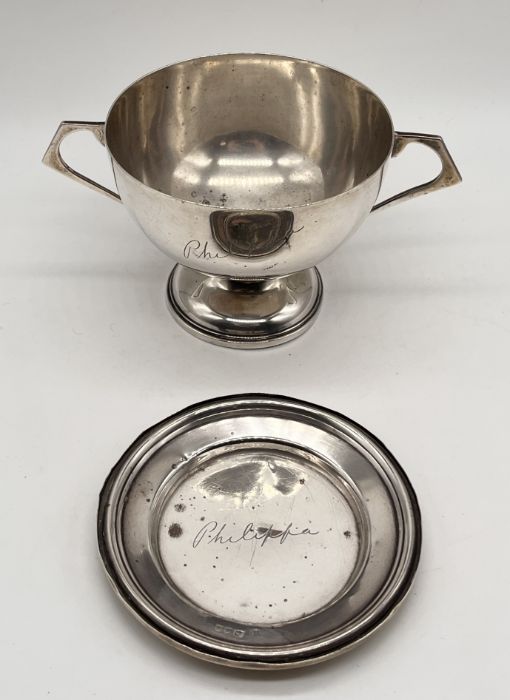 A hallmarked silver two handled cup with saucer/lid inscribed "Philippa", total weight 212.3g - Image 3 of 3