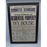 A framed R&C Snell Ltd (Axminster) poster for the sale of Ivy House, Lyme Road, Axminster, dated