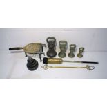 A quantity of brass items including weights, kettle stand, toasting fork etc.