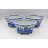 Three Chinese blue and white ceramic plant pots.