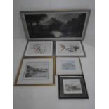 A collection of various framed prints including "Summer Retreat" by Alan Ingham, SS Great Britain,