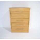 A contemporary chest of five drawers, length 87cm, depth 46cm, height 116cm.