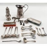 A small collection of silver plated items, jug, animals, cutlery etc.