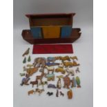 A vintage handmade wooden Noah's Ark with a collection of carved animals - roof to ark A/F