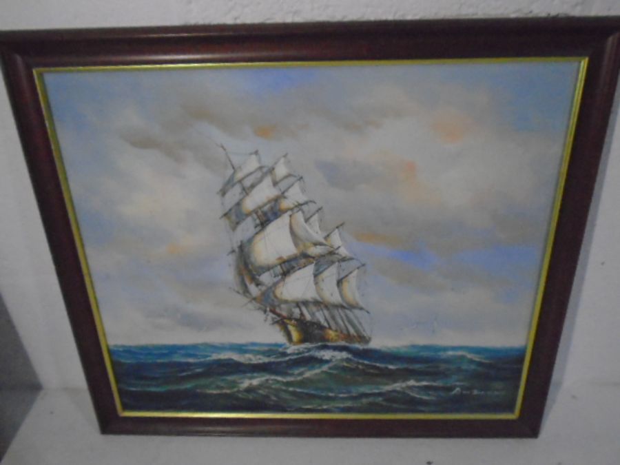 A gilt framed tapestry, watercolour with BJH monogram and a modern oil painting of a three masted - Image 6 of 13