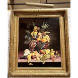 A still life of an exotic fruit basket signed Brian Hoyle 1978 in large gilt frame - overall size of