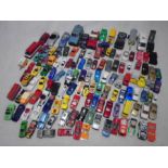 A collection of play worn toy cars and vehicles including Mattel, Matchbox, Maisto, Corgi etc