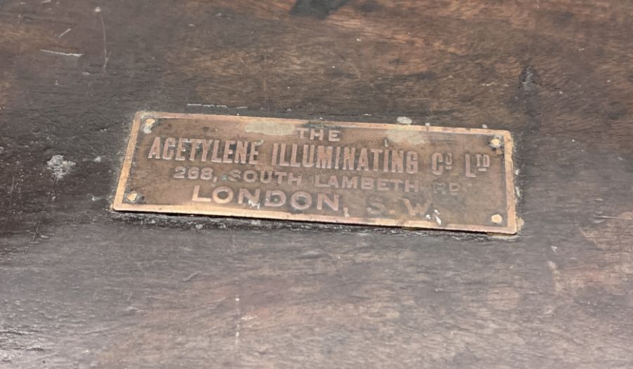 An antique metal bound small trunk, labelled with The Acetylene Illuminating Co Ltd (South - Image 2 of 6