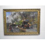 A framed railway print of "Cathedrals Express" steam locomotive signed Cuneo April 69 - Overall size