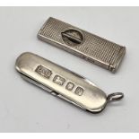 A hallmarked silver cigar cutter along with a silver cased penknife