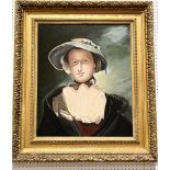 An unsigned portrait of a lady wearing a bonnet in large gilt frame - overall size of frame 86cm x