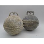 Two vintage aluminium buoys, one stamped Phillips Trawl Products