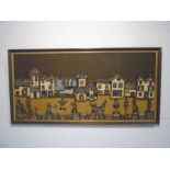 A framed studio pottery village scene - Overall size 57cm x 114cm