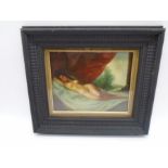 An unsigned Classical 19th Century framed oil painting on metal of a nude reclining, 17.5cm x 22cm