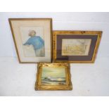 Three framed pictures comprising of an oil on board of ocean waves signed 'Patron', a watercolour