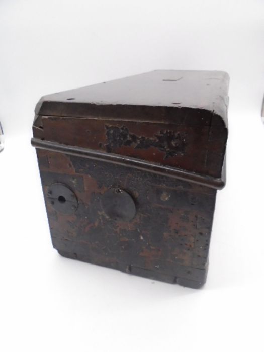 An antique metal bound small trunk, labelled with The Acetylene Illuminating Co Ltd (South - Image 3 of 6