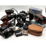 A collection of various vintage cameras, lenses etc including Agfa Isoly 100, Kodak, Zorki 4K,