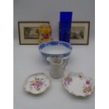 An Art Deco vase, Crown derby dishes, antique prints of Windsor Great Park etc.