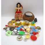 A vintage doll along with a quantity of dolls accessories and a clockwork tin bird etc.