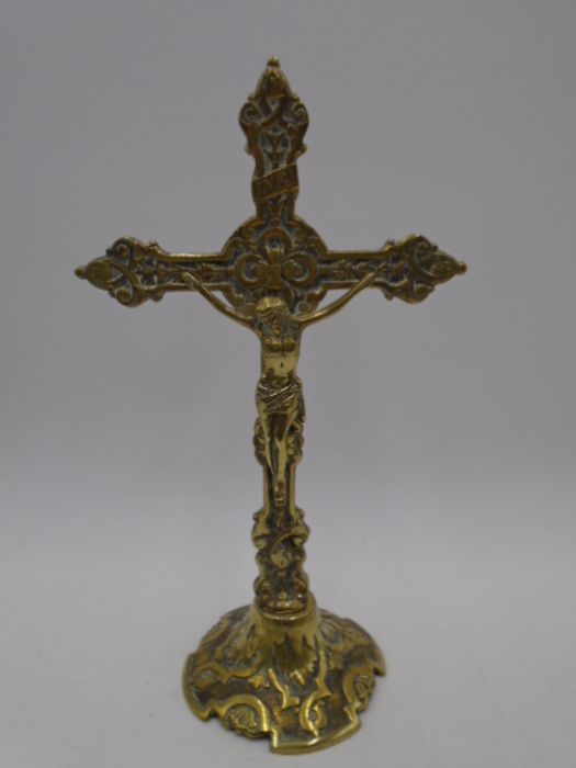 A vintage brass crucifix along with two crosses on stands, height of crucifix 33.5cm - Image 2 of 9