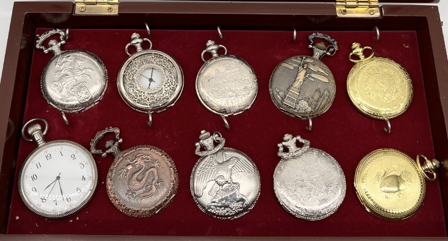 A collection of 10 modern pocket watches in display case - Image 2 of 2