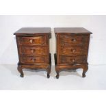 A pair of Oriental hardwood serpentine fronted bedside cabinets with three drawers.