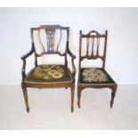 An Edwardian inlaid mahogany bedroom chair, with tapestry seat, along with one other.